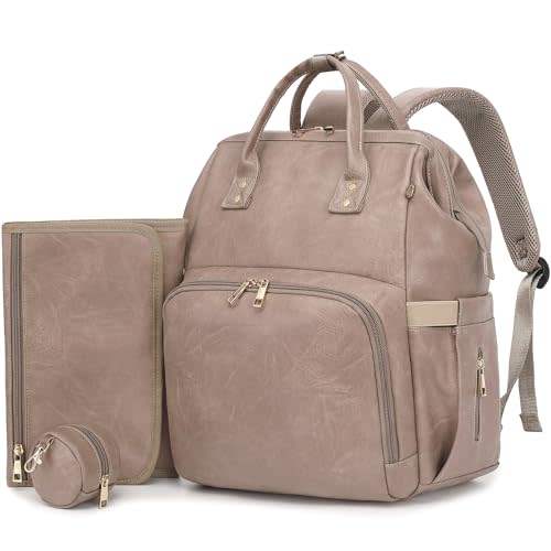ROSEGIN Premium Vegan Leather Diaper Bag Backpack with Waterproof Changing Pad – Reinforced Stitching & Zippers, Baby Bag for Boy Girl, Stroller Straps, Ergonomic Design for Traveling Moms, Taupe