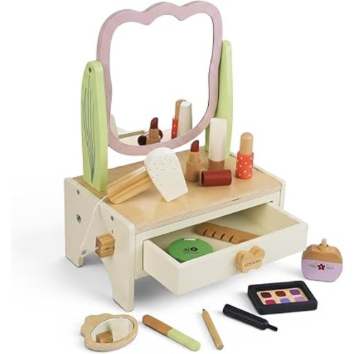 Wooden Makeup Play Set for Kids Pretend Makeup Beauty Salon Play Set with Rotatable Mirror & Detachable Small Mirror Toddler Vanity Table Toys with Accessories for Age 3+ Little Girls Gift