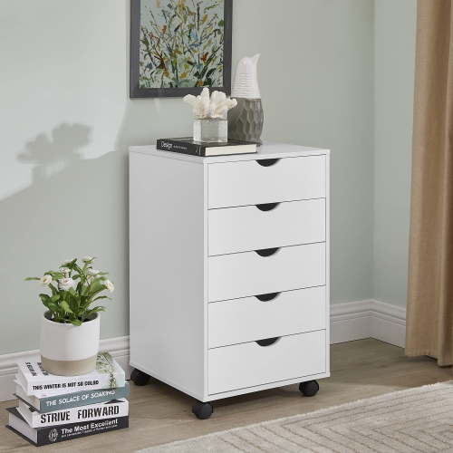Betcozy Storage Organizer, 5 Drawer File Cabinets Dressers With Wheels, Wood Underdesk Cabinet For Home Office, Bedroom, Study, White