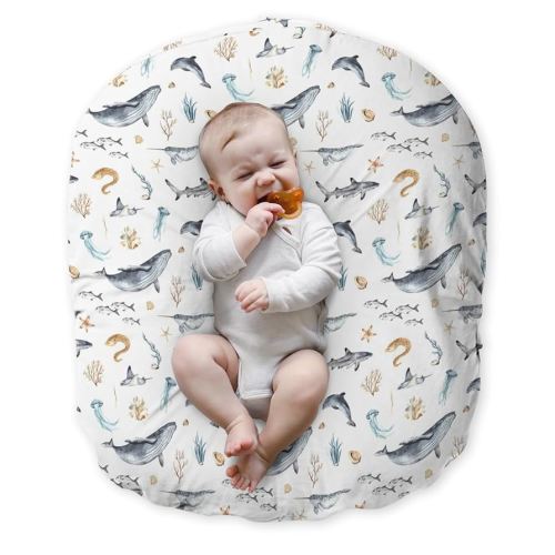 Newborn Lounger Pillow Cover Underwater Sea Animal, Ocean Creature Whale Fish Marine Life Baby Boy Shower Gift Removable Slipcover, Snug Fit Infant Nursing Pillowcase (Lounger Not Included)