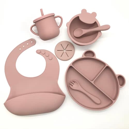 Silicone Baby Feeding Set, Toddler Feeding Set With Divided Suction Plate Bowl Spoons Forks Sippy Cup Adjustable Bib Non Slip Mat, Baby Eating Utensils, Bear Shape, 7-Piece, (Pink)