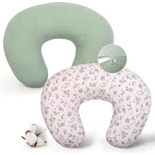 FUNUPUP Muslin Nursing Pillow Cover Replacement, Green&Leaves