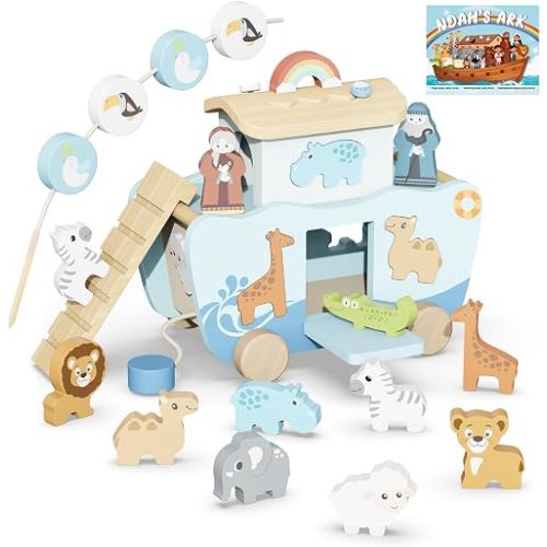 Hoarosall 27PCS Wooden Noah's Ark Montessori Toys for 1 Year Old Baby Boys Girls Christian Toys for Toddlers 1-3 Ideal Baptism Christmas & 1st Birthday Gifts