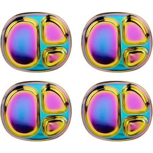 Ahimsa Stainless Steel Plates For Kids, Pediatrician Designed Colorful Divided Plates for Toddlers & Baby, Non Toxic, Unbreakable & Dishwasher Safe, Rainbow Set of 4