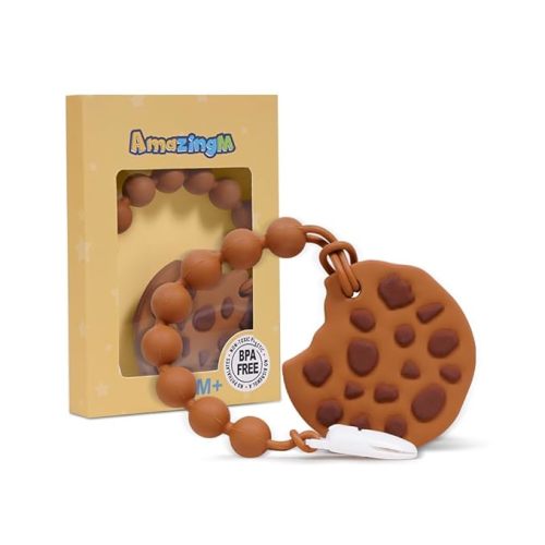 Baby Food Grade Silicone Teether Toy with One Piece Design Pacifier Clip Holder,Teething Toys Gift Set for 3 Months+ Boys and Girls,Freezer Safe,BPA Free. (Cookie)