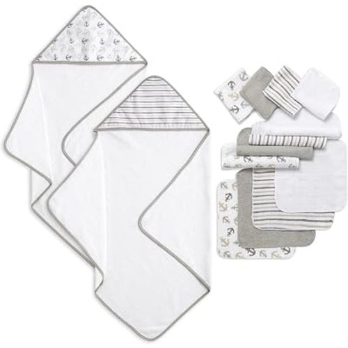 Dream On Me 14-Piece Baby Hooded Towel & Washcloth Set in Soft Grey