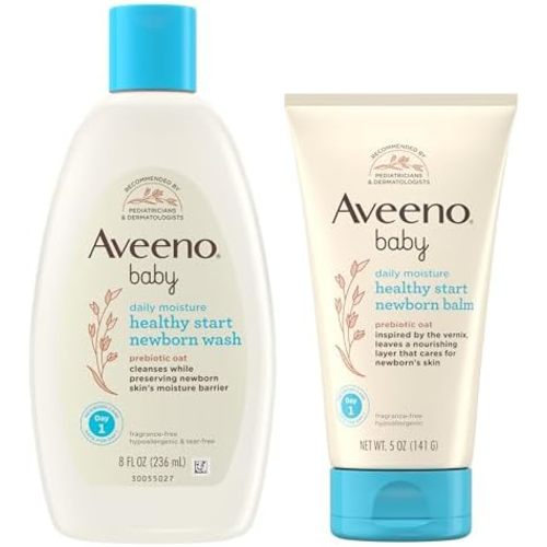 Bundle of Aveeno Baby Healthy Start Newborn Wash, Hypoallergenic Baby Body Wash with Prebiotic Oat, Fragrance-Free, 8 fl. oz + Newborn Balm, Baby Skin Balm with Prebiotic Oat , Fragrance-Free, 5 oz