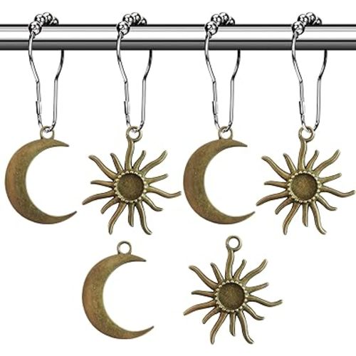 Sun Moon Celestial Shower Curtain Hooks Rings - Mid Century Abstract Boho Shower Curtain Hooks, Minimalist Vintage Cute Shower Hooks,Chic Mystic Fantasy Goth Nature Bathroom Decor