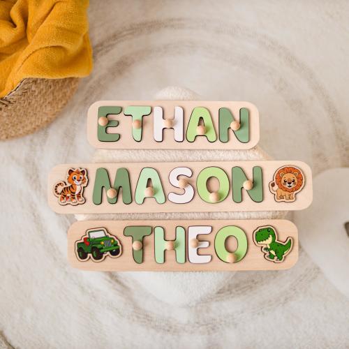 Green Name Puzzle With Elements: Dino, Truck, Lion, Tiger