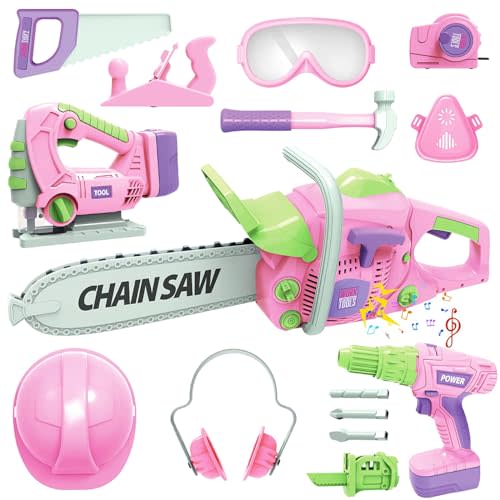 Kids Construction Tool Set for 3 4 5 6 7 Year Old Boys Girl,Pink Preschool Pretend Play Tool,Pretend Play Tools Set Toddler Toys,with Electric Drill Chainsaw、Electric Drill,Toy Tools Gifts for Kids