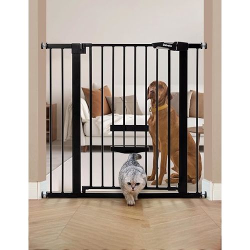 BABELIO 36 Inch Extra Tall Baby Gate with Cat Door,29.5-40" Metal Pet Door for Stairs,Doorways,House,Auto Close,Easy Walk Thru,Black