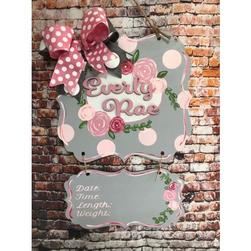 Pink/grey hospital baby door hanger