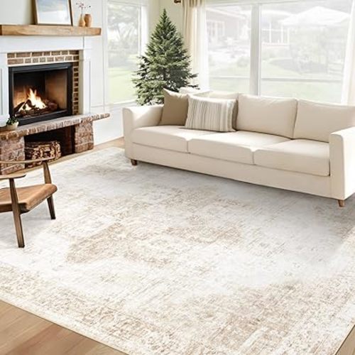 Area Rug 6x9 Washable Rug, Vintage Boho Medallion Rugs Non-Slip Soft Low Pile Large Distressed Rug Indoor Retro Carpet for Living Room Bedroom Dining Room Home Office (Beige, 6'x9')