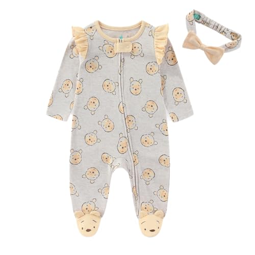 Disney Winnie the Pooh Baby Girls Long Sleeve Footies Coverall Romper With Headband for Newborn and Infant