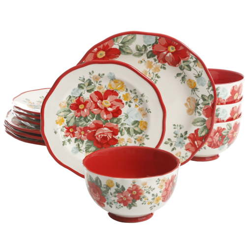The Pioneer Woman Vintage Floral 12-Piece Dinnerware Set, Red