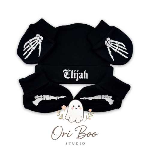 Custom Name Old English Gothic Skeleton New Baby Hat Mitten And Bootie Set