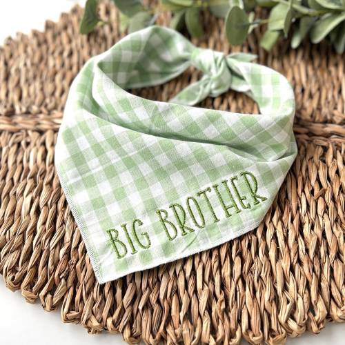 Personalized Big Brother Dog Bandana: Green Gingham Embroidered Pregnancy Announcement