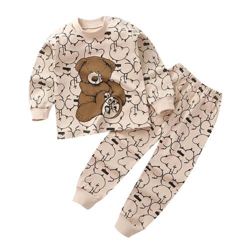 THDHVS Baby Girl Outfits Toddler Fashion Boys Casual Long Sleeve Tops Round Neck Collar Botton Printed Long Pants Sets Beige 3 Months