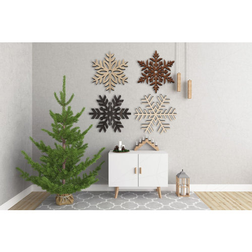Wooden Christmas Geometric Set of 4 Snowflakes Wall Decor | Wood Wall Art Home Decor Figure Ornament Hanging Gift
