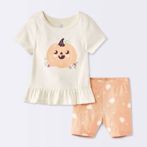 Baby Girls' Pumpkin Short Sleeve Shirt and Bike Short Set - Cloud Island™ Cream 6-9M