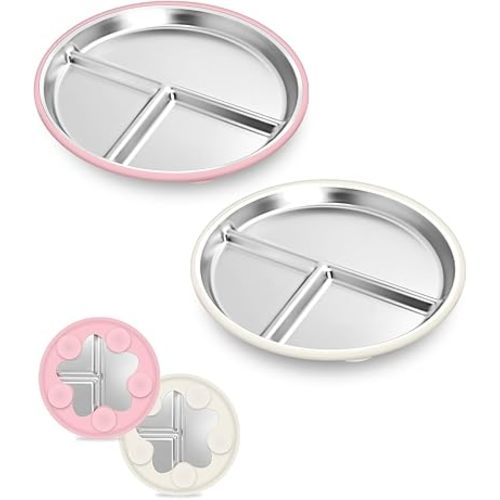 Stainless Steel Baby Plates With Suction,9” Divided Plate Silicone Sleeve For Kids ,Metal Toddler Plates BPA Free Stainless Steel Toddler Plate Unbreakable Dishwasher Safe Set Of 2 , Pink and Beige