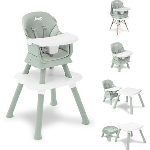 Jeep Milestone 6-in-1 High Chair by Delta Children - High Chair Converts to Stool, Booster Seat, Toddler Chair, Activity Table and Desk and Chair, Sage Green
