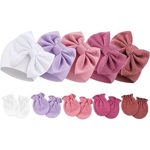 BQUBO Newborn Baby Girls Hats Mittens Set Hospital Hat Beanie Infant Bow Hats Baby Cotton Gloves for 0-6 Months