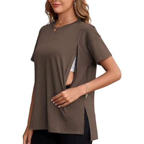 Ecavus Women's Oversized Nursing Shirts for Breastfeeding with Hidden Zipper Short Sleeves Side Splits Maternity Tops