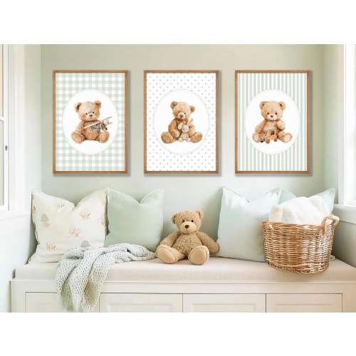 Vintage Teddy Bear Prints: Sage Green Nursery Wall Decor, Set of 3