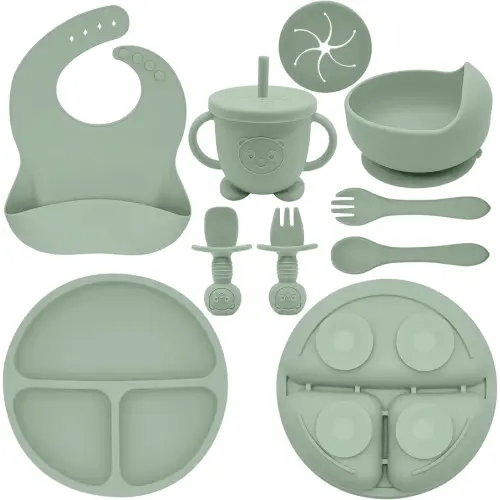 Silicone Baby Feeding Set | Baby Led Weaning Supplies Includes Suction Bowls and Divided Plates, Adjustable Bib, Baby Utensils Spoons and Forks,Cup | Baby Feeding Essentials (Light Green)