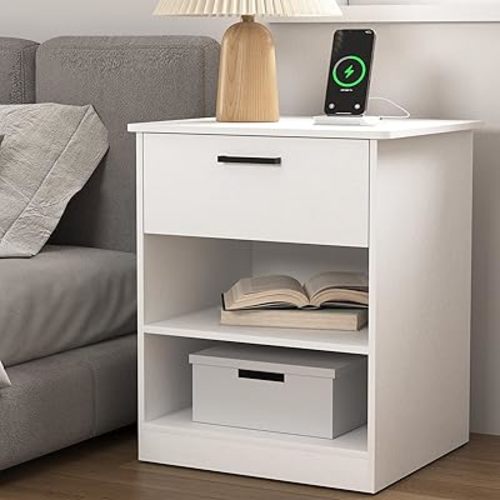 Night Stand with Charger Station, Modern Nightstand with USB Type-C Ports and AC Outlets, Large Bedside Table with Drawer and Open Storage, Wooden End Table for Bedroom (White, 1 Drawer)