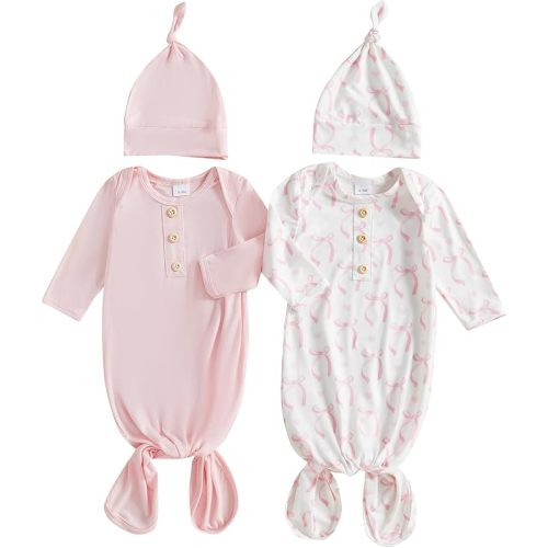 Merqwadd Baby Sleeper Gown Boy Girl 2-Pack Knotted Gown Newborn Nightgown with Hat Set Infant Sleepwear Pajamas