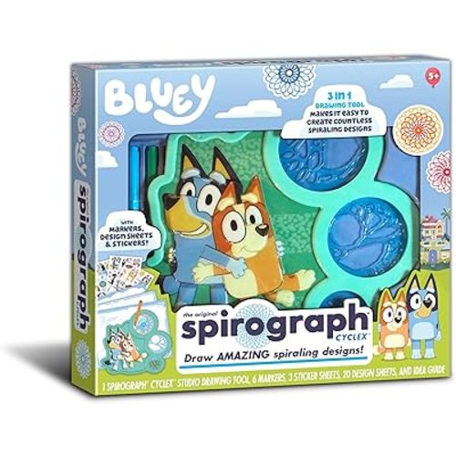 Spirograph Cyclex Set Bluey – Drawing Kit, Arts and Crafts, Bluey Toys, Art Supplies, Stickers for Kids, Bluey Stickers, Spiral Art, Markers, Stickers, Design Sheet Included, Ages 5+