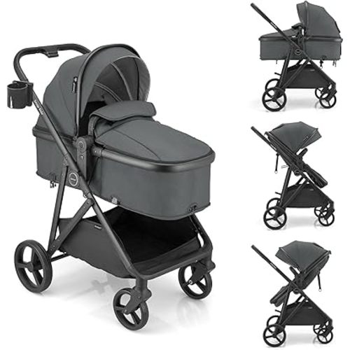 Gromast 3-in-1 Baby Stroller, Convertible Stroller for Newborn Infant Toddler with Reversible Seat, UPF 50+ Canopy & Cup Holder - Gray