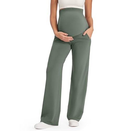 G4Free Maternity Pants Over The Belly Yoga Dress Work Pregnancy Pants Stretchy Lounge Wide Leg Trousers with Pockets