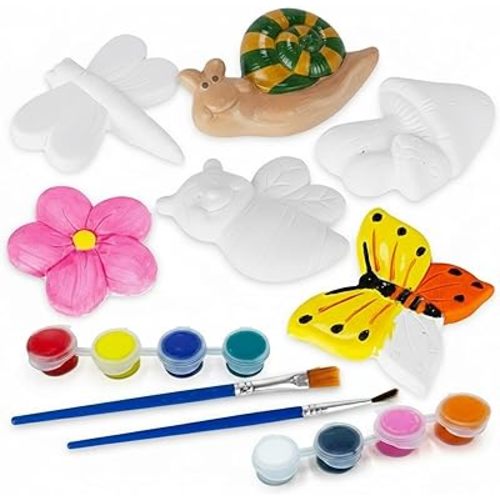 ArtCreativity Insect Plaster Painting Kit for Kids – 6 Garden Plaster Figurines, 2 Paint Sets, 2 Brushes and 6 Circle Magnets - 8 Different Paint Colors - Kids Painting Set - Crafts for Kids/Girls