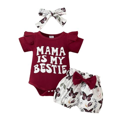 Bonangber Newborn Baby Girl Clothes Mama is My Bestie Outfit Short Sleeve Romper Shorts Headband 3Pcs Summer Clothes Set