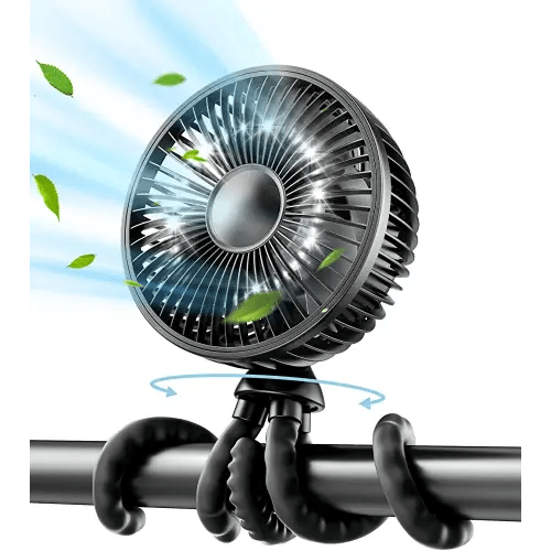 Gaiatop Baby Stroller Fan, 4000mAh Oscillating Mini Portable Fan with Light, 4 Speeds Battery Operated Small Handheld Desk Fan, 360° Rotate Flexible Tripod Clip On Fan for Car Seat Crib Travel Black