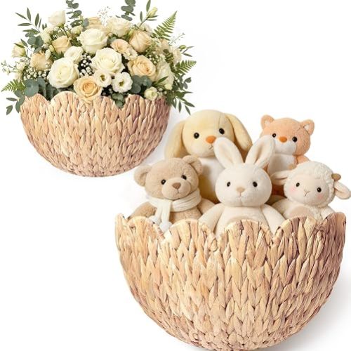 Scalloped Wall Basket, 2pcs Hand Woven Hanging Wicker Set (Natural Color)