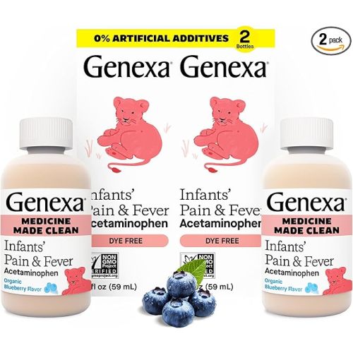 Genexa Infants' Clean Acetaminophen | Pain Reliever & Fever Reducer | Dye Free, 0% Artificial Additives | Baby Sick Essentials & Infant Medicine | Delicious Organic Blueberry Flavor, 4 fl oz (2 Pack)