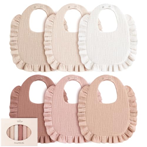 Konssy 6-Pack Muslin Baby Girl Bibs, 100% Soft Cotton Absorbent Drool Bibs | 6-Layer Adjustable Bibs with Ruffle Trim for Drooling & Teething, Baby Girl Gifts for Newborn, Infant 0-36 Months(Chestnut)
