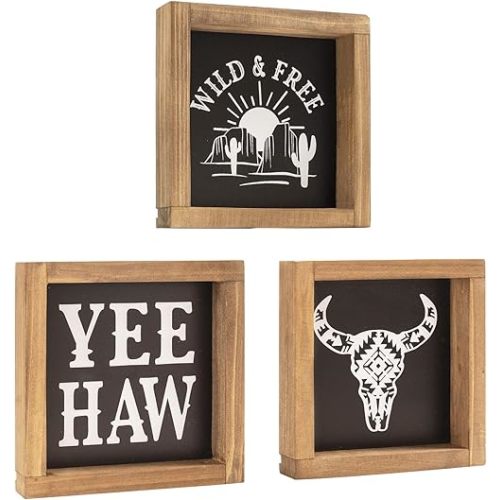 Western Bathroom Decor, Wooden Western Wall Art, Southwestern Cowboy Yee Haw Cow Skull Wild Free Signs, Black White Farmhouse Home Table Shelf decorations