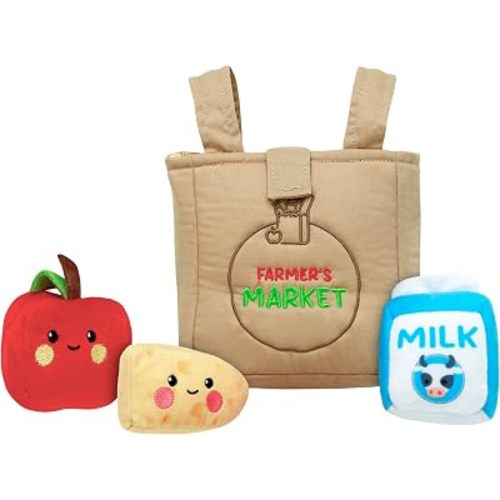 4 Piece Plush Farmer's Market Play Set with Sensory Toys for Baby, Multicolored, 6 inch Grocery Bag with 3 Foods