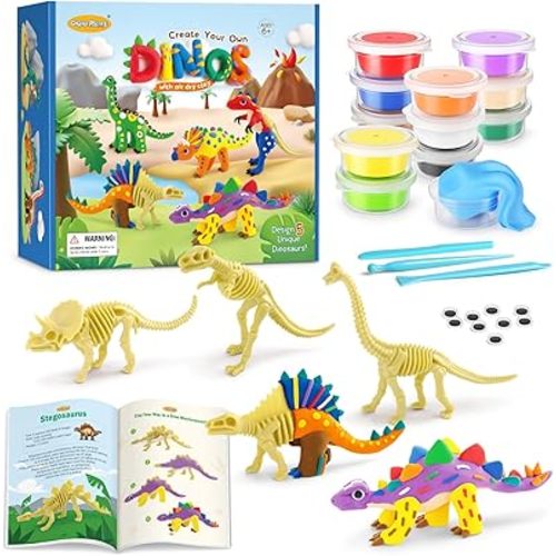 Drama Planet Dinosaur Air Dry Clay Kit – Create 5 Dinosaur Models with 12 Colors of Modeling Clay, Instruction Guide – Fun & Educational Craft Set for Kids