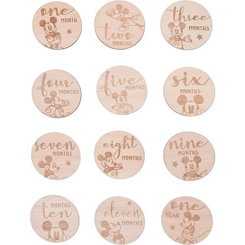 Disney Mickey Mouse Natural Wood Tone, 12 Piece Wooden Engraved Milestone Cards
