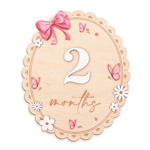 Wooden Baby Monthly Milestone Sign Set with Pink Bow, 1–12 Month Photo Prop, Floral Round Baby Girl Growth Tracker, Nursery Decor Keepsake Gift (m-Oval)