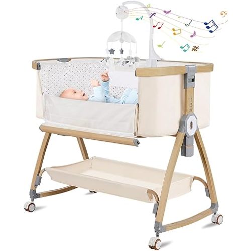 Bassinet Bedside Sleeper,Bedside Bassinet,Rocking Bassinet,3 in 1 Baby Bassinet with Mattress,Mobile,Mosquito Net,Storage Basket,6-Height Adjustable Portable Bassinet with Wheels for Newborn(Beige)