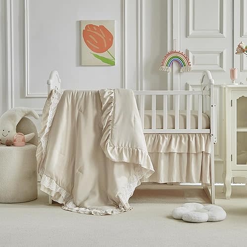Lace Ruffle Crib Bedding Set 3 Pieces Baby Boho Lace Quilted Comforter with Fitted Sheet and Bed Skirt - Cute Ruffled Shabby Chic Baby Bedding Soft Blanket Design Pink