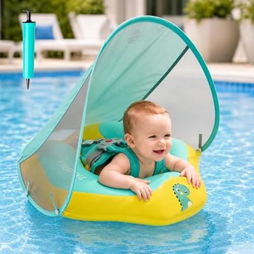 Baby Pool Float with Canopy UPF50+ Sun Protection, Soft Fabric Cover Inflatable Toddler Floaties, No Flip Over Infant Swimming Floats for 6-36 Months, Baby Float for Boys and Girls Beginners