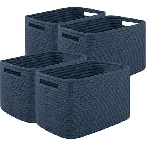 Storage Baskets for Organizing, Woven Decorative Baskets for Shelves - Books, Towels, and Clothes, Cotton Rope Toy Storage Bins, 12.7''Lx9''Wx7.8''H, Pack of 4, Blue